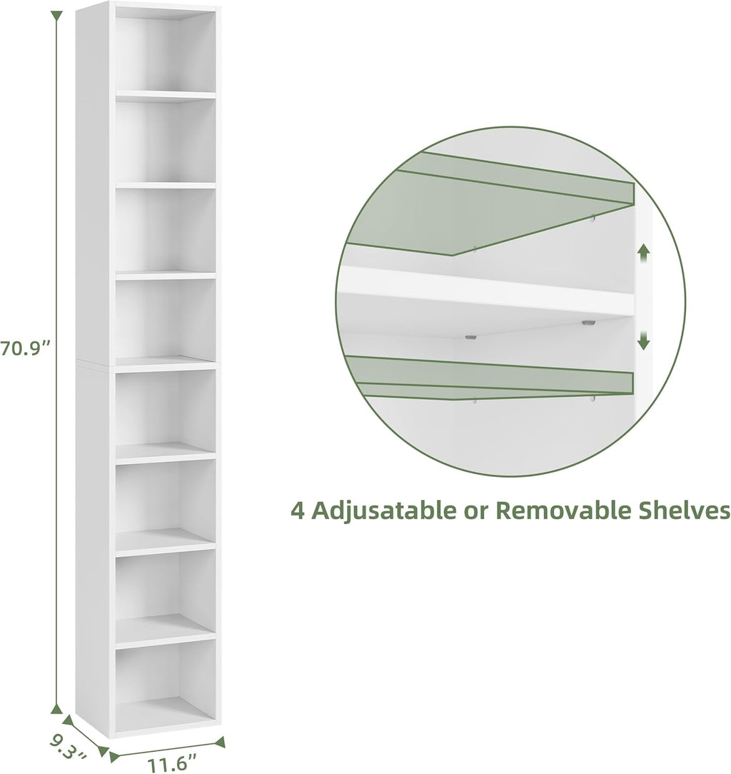 71 Inches Tall Narrow Bookshelf, 8-Tier Media Tower, White B925548