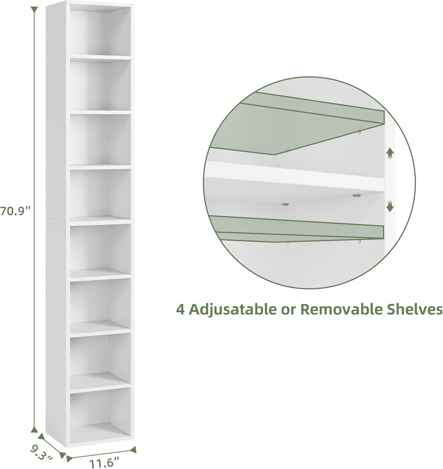 71 Inches Tall Narrow Bookshelf, 8-Tier Media Tower, White B925548