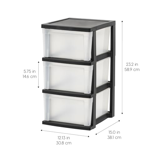 IRIS USA Plastic Drawer Storage Organizer, 3-Drawers, 2-Pack, Black/Clear J77123