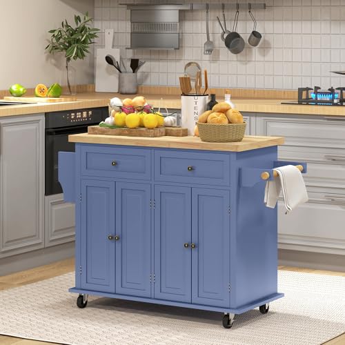 HOMCOM Kitchen Island on Wheels with Rubberwood Top, Navy Blue X7812