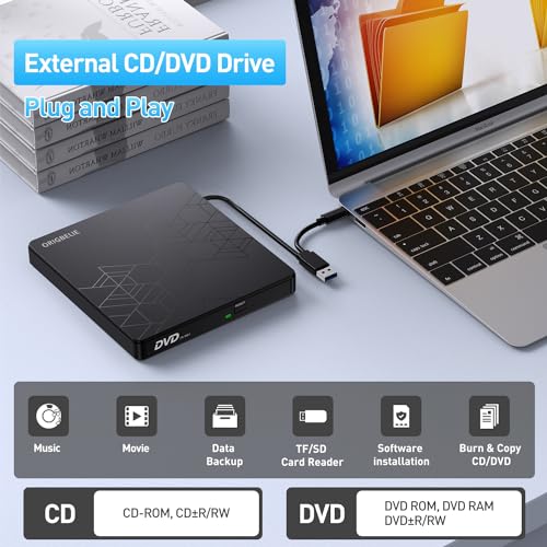 External CD DVD Drive for Laptop, USB 3.0 Type-C, Slim Portable Burner T70166