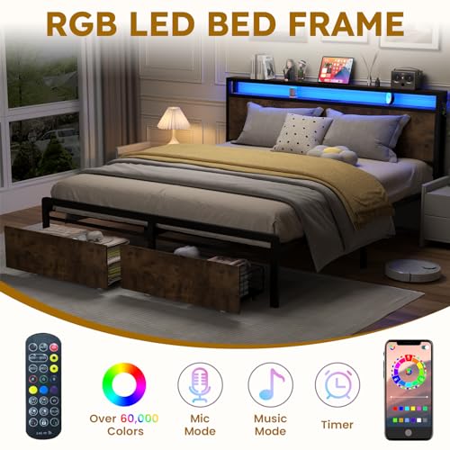 Full Size Bed Frame with Headboard, LED Lights, 4 Storage Drawers, Gray N173120