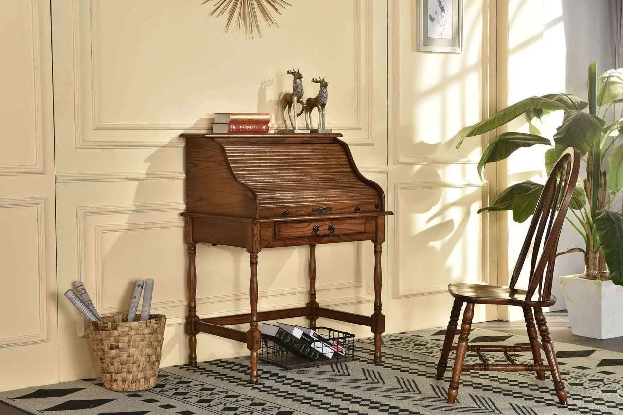 Mini Roll Top Desk Solid Oak Wood Burnished Walnut Finish H846505