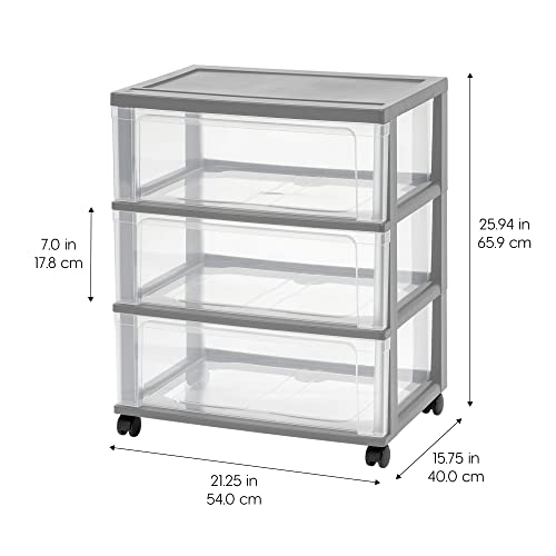IRIS USA Plastic 3-Drawer Rolling Storage Cart with Wheels, Gray V8946