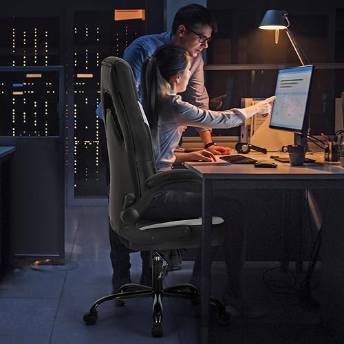 Sweetcrispy Ergonomic PU Leather Gaming Desk Chair with Flip-up Armrest, Black White C54485
