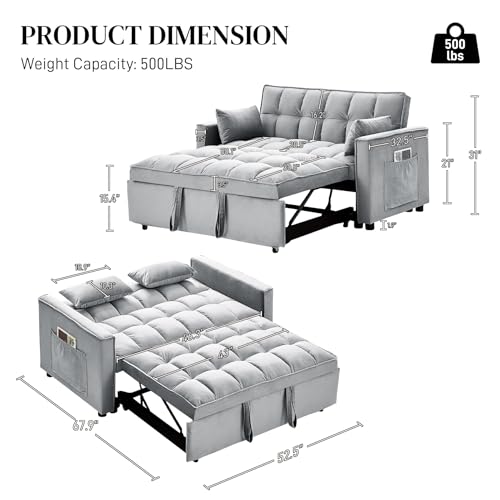 Velvet Convertible Sleeper Sofa Bed with Adjustable Backrest, Dark Grey E67840