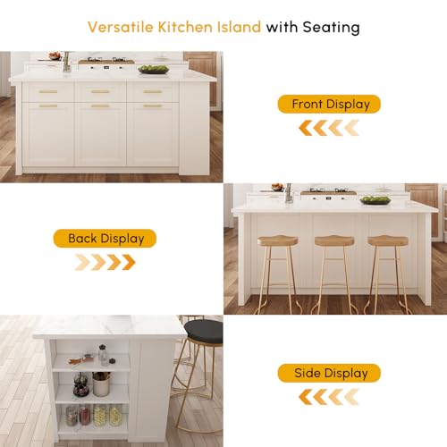homary 72" Kitchen Island with Storage, White Dining Table with Seating & 3 Drawers H6352