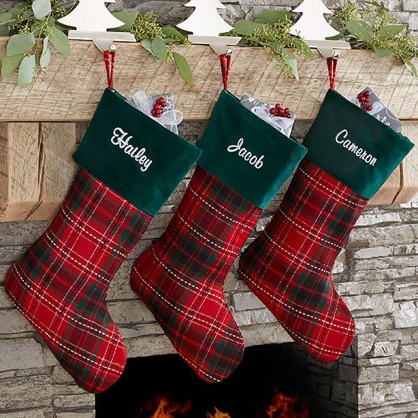 Personalization Universe Holiday Plaid Personalized Christmas Stocking, Emerald Green Velvet Cuff, Embroidered Name B3971