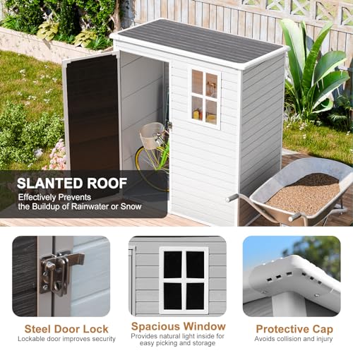 Outdoor Resin Storage Shed with Floor, 5x3 FT, Waterproof, Lockable Door, Gray H391