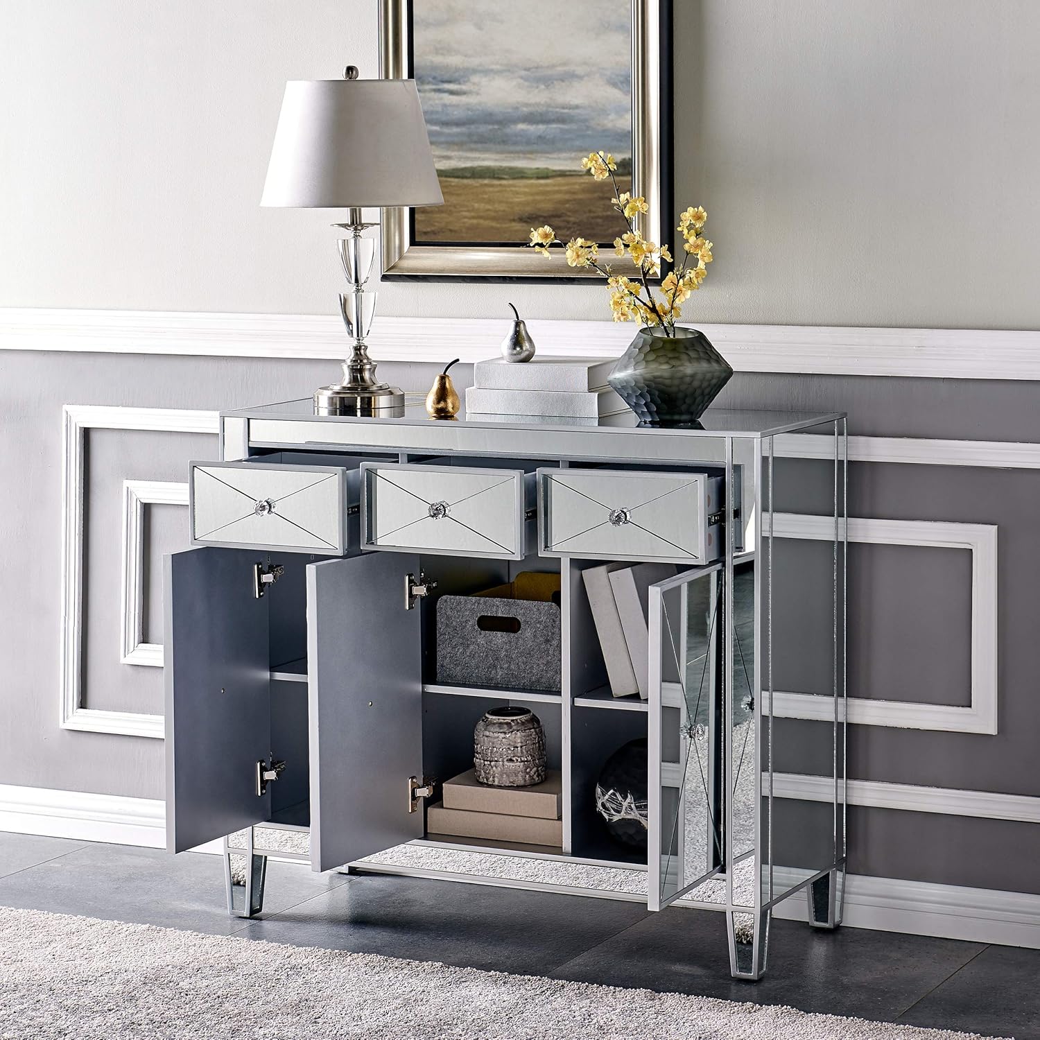 SEI FURNITURE Mirage Cabinet, Mirrored with Matte Silver Trim T84358