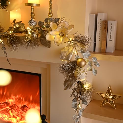 Valery Madelyn 6ft Pre-Lit Christmas Garland with White Gold Balls & Magnolia B766139