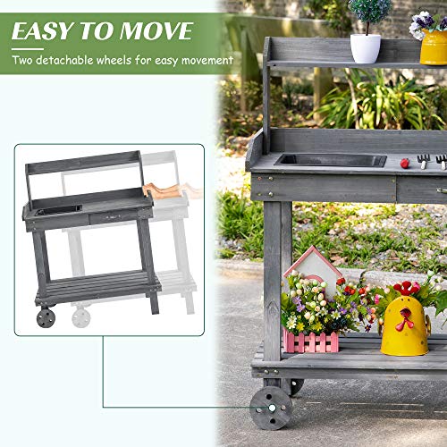 Outsunny 36" Wooden Potting Bench Work Table with Sink and Storage, Brown O683