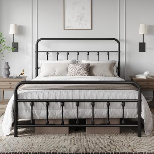 Yaheetech Classic Metal Platform Bed Frame with Victorian Headboard, Full Size Black T81083