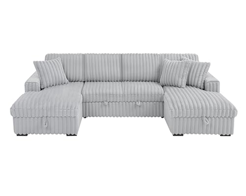 roomfitters U Shaped Sleeper Sofa 122 Inch with Double Storage Chaise, Grey K9403