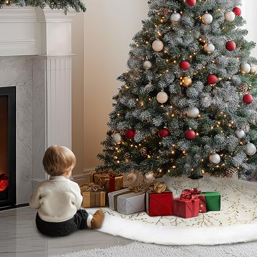 SYITCUN Christmas Tree Skirt, 48 Inch White and Gold Faux Fur F99847