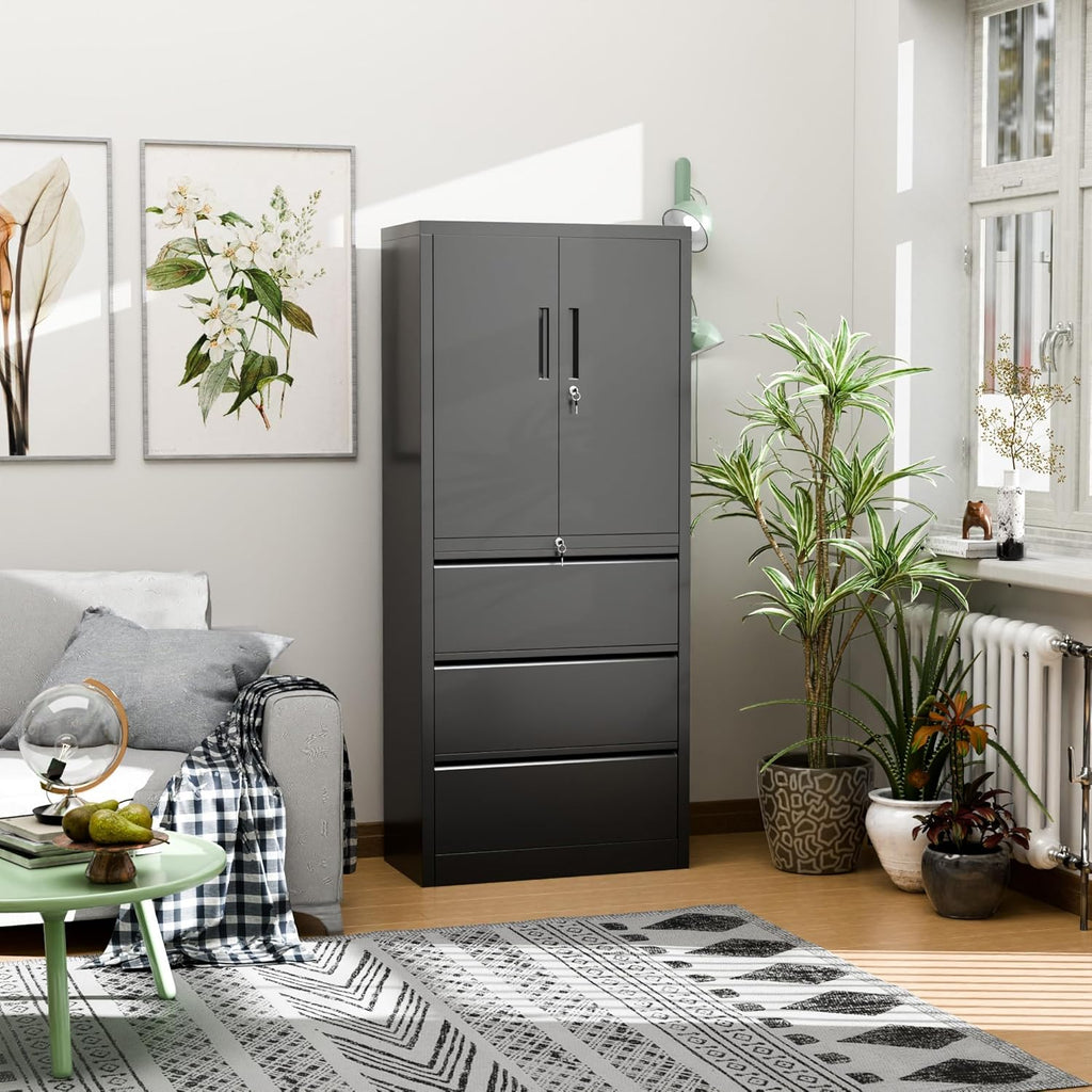 Metal File Cabinet with Lock, 3 Drawers, Black Q65822