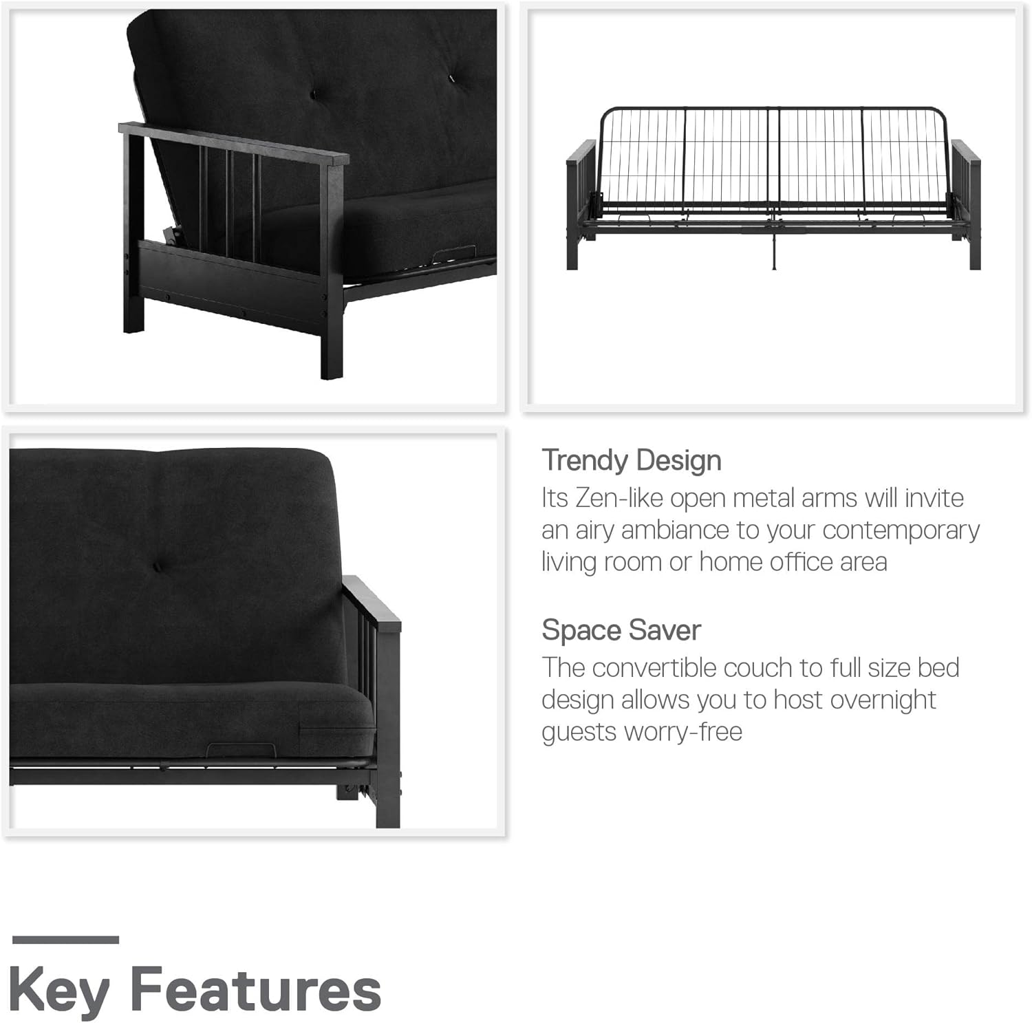REALROOMS Bretta Contemporary Black Metal Arm Futon Frame D627