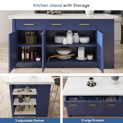 homary 72" Kitchen Island with Storage, White Dining Table with Seating & 3 Drawers H6352