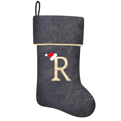 20 Inches Initial Monogram Blue Velvet Christmas Stocking with Gold Trim U394