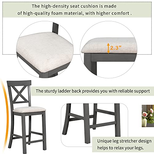 UBGO 6-Piece Counter Height Dining Table with Shelf, 4 Chairs and Bench, Gray C357
