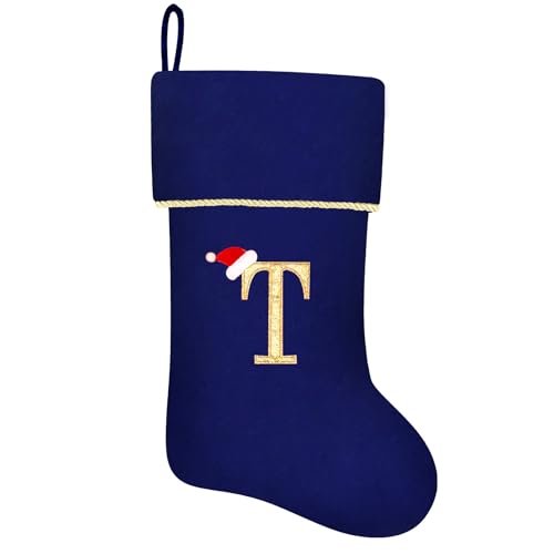 20 Inches Initial Monogram Blue Velvet Christmas Stocking with Gold Trim U394