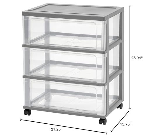 IRIS USA Plastic 3-Drawer Rolling Storage Cart with Wheels, Gray V8946