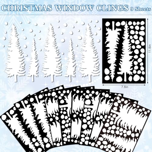 Whaline 9 Sheet Christmas Window Clings Snowy Forest Trees Reusable Window Decals H27510