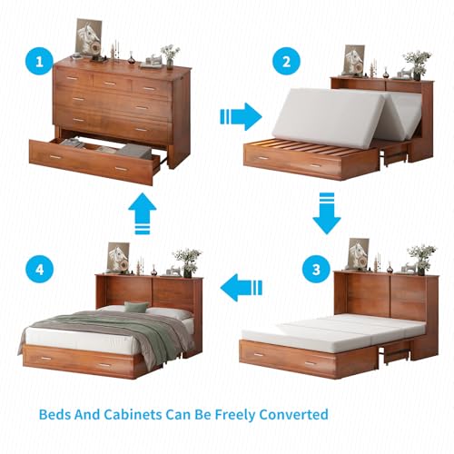Mjkone Queen Murphy Bed with Tri-Fold Mattress, Charging Station and Storage Drawers, Cherry O58055
