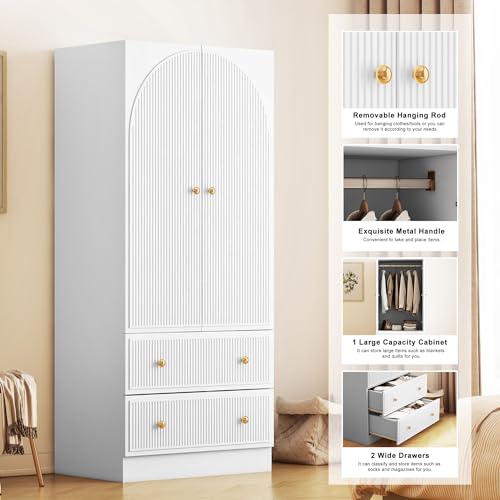 QHITTY Freestanding Armoire Wardrobe with 2 Drawers and Clothing Rod, White B8868