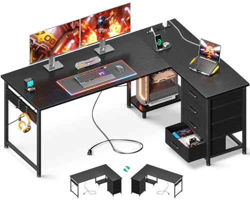 AODK L Shaped Gaming Desk with 4 Drawers, Power Outlets, Black P81263