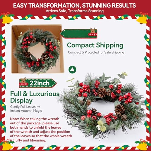 24 Inch Christmas Wreath with Red Bow for Front Door C225