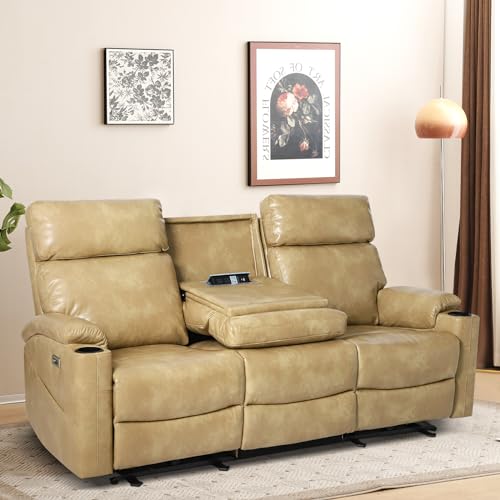 Power Reclining Sofa, Electric 3-Seat Dual Recliner Sofa with USB Ports, Cup Holders, Wall Hugger Sofa & Couch for Living Room Home Theater Apartment RV (Brown)