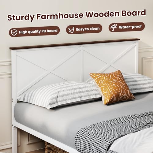 VOPEAK Farmhouse Queen Bed Frame with Headboard, Metal Platform, White E258