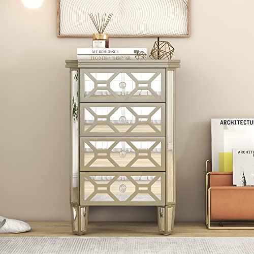 Mirrored 4-Drawer Chest with Golden Lines and Crystal Knob for Bedroom, Silver C933