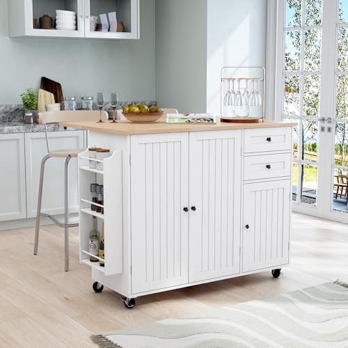 HLR Kitchen Island with Storage, Rolling Drop-Leaf Bar Countertop W67731