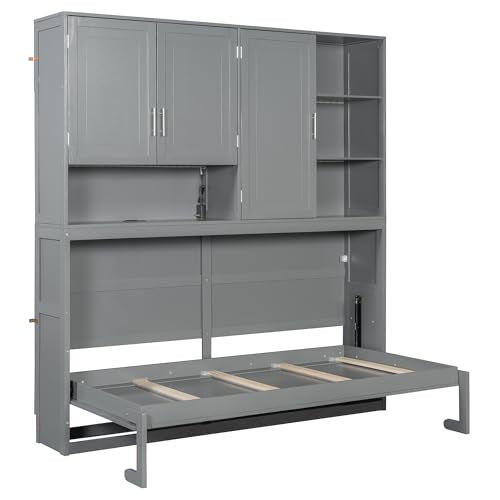 SOFTSEA Twin Murphy Bed with Storage Bookcase, LED Light & Charging Stations, Grey G72495