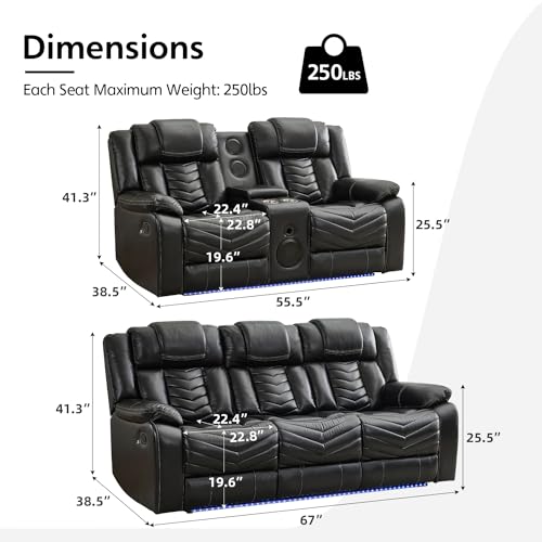 Grey Leather 3-Seater Recliner Sofa Set with Wireless Charger and LED Lights M484