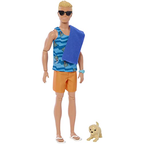 Barbie Ken Doll with Surfboard and Pet Puppy, Poseable Blonde Beach Doll C20925