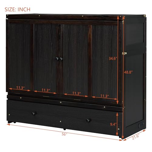 Harper & Bright Designs Queen Murphy Bed Cabinet, Solid Pine, Espresso W128
