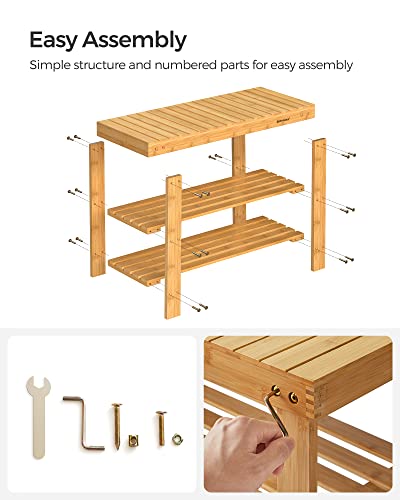SONGMICS 3-Tier Bamboo Shoe Rack Bench, Entryway Storage, Ink Black X802
