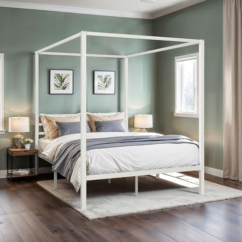 HOOMIC Canopy Bed Frame Full Size White, No Box Spring Needed K1114