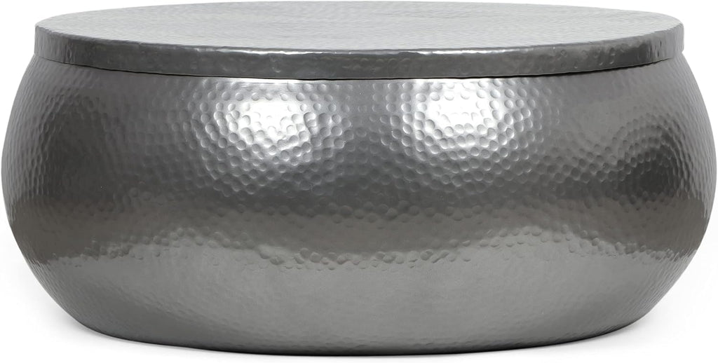 29" Modern Solid Aluminum Round Drum Coffee Table with Hammered Texturing D701707