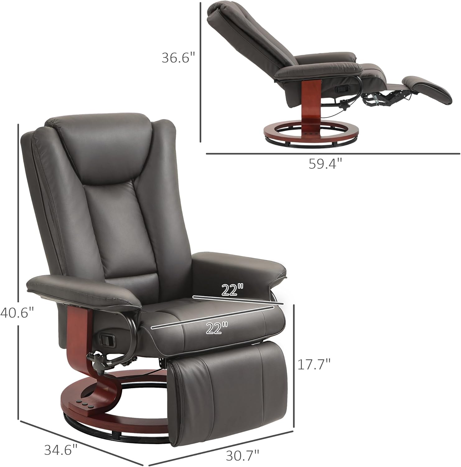 HOMCOM Manual Swivel Recliner Chair PU Leather with Footrest, Brown O9918