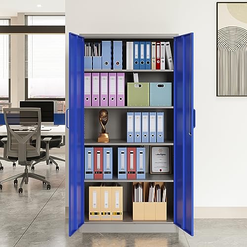 Metal Storage Cabinet with Doors and Shelves, 71" Locking Steel, White L799