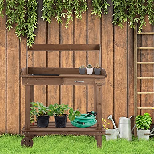 Outsunny 36" Wooden Potting Bench Work Table with Sink and Storage, Brown O683
