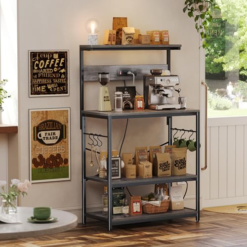 SUPERJARE Kitchen Bakers Rack with Power Outlet, Coffee Bar Table, Rustic Brown W637