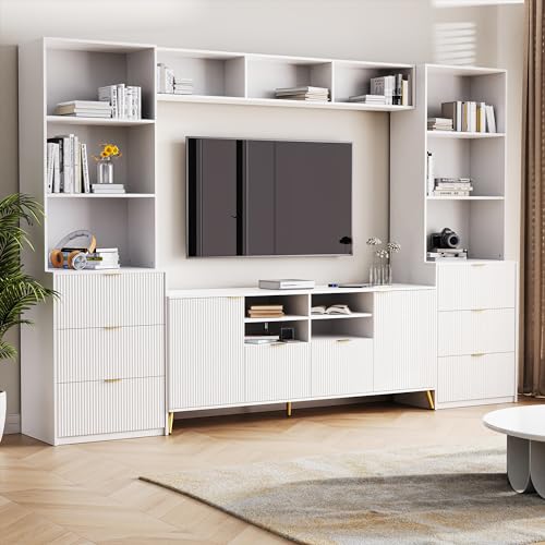 4-Piece Entertainment Wall Unit with 13 Shelves,8 Drawers and 2 Cabinets, Multifunctional TV Stand Media Storage Cabinet for TVs Up to 70"" with Fluted Line Surface (Black), SJ000116A