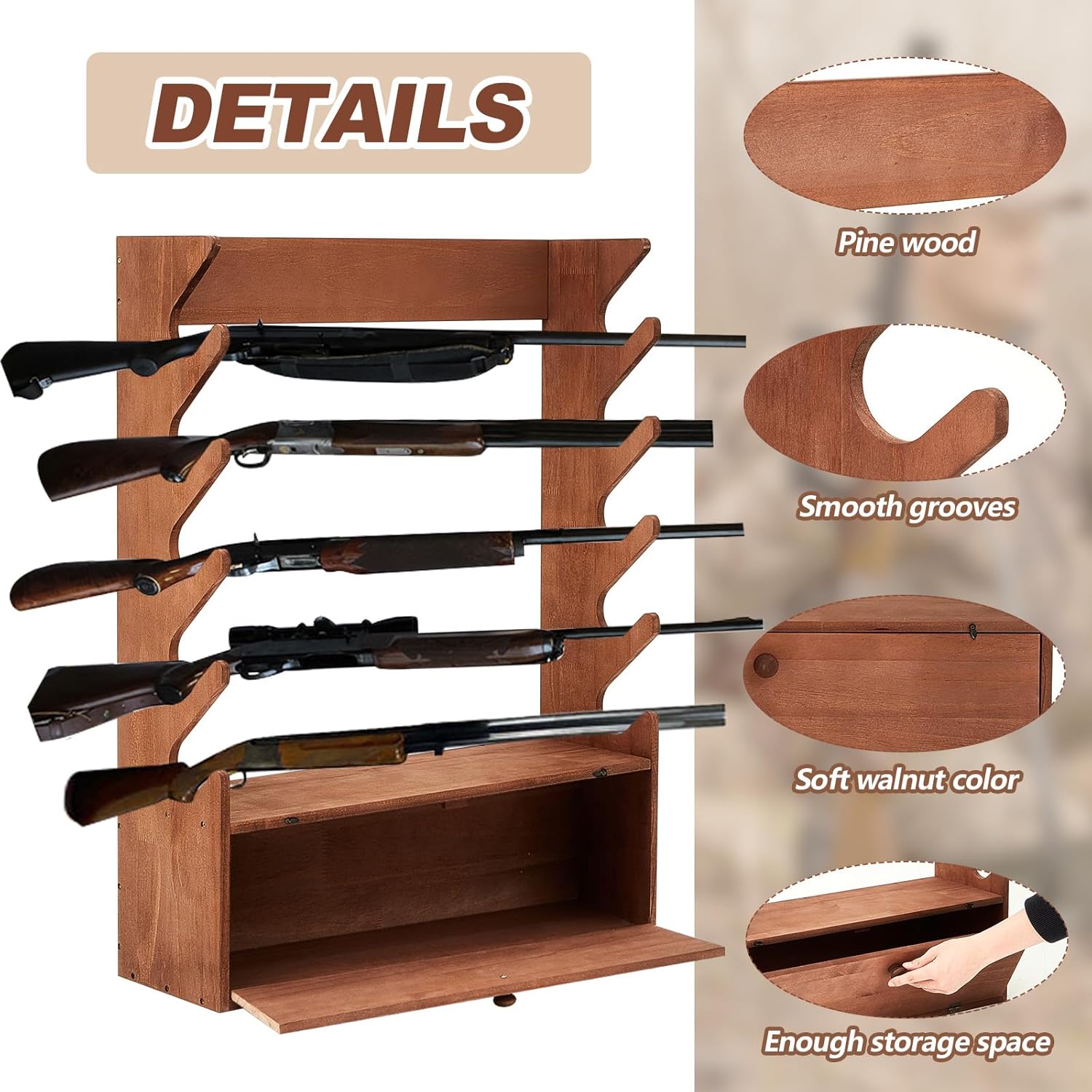 Walnut Gun Display Rack Pine Wood Rifle Cabinet with Storage H830