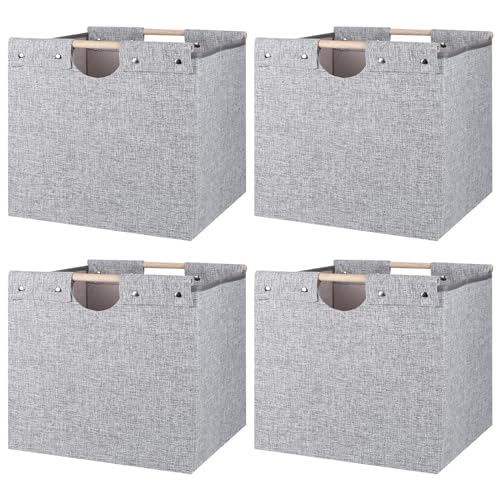 13x13x13 Inches Collapsible Storage Cubes, 4 Pack Fabric Bins with Wooden Handles for Kallax Shelves, Closet, Cabinet, Bookcase, Home Organizer Boxes for Decor and Laundry (Beige)