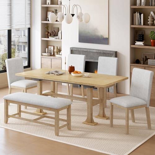 Farmhouse 6-Piece Extendable Dining Table Set with Upholstered Chairs and Bench, Dark Brown V263